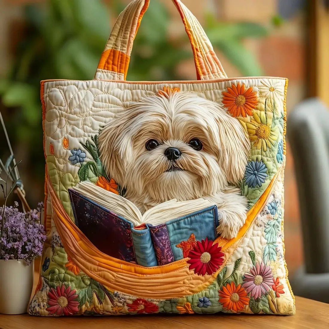 MÁRIA™ | Shih tzu, könyvek és virágok | Kézzel készített steppelt táska