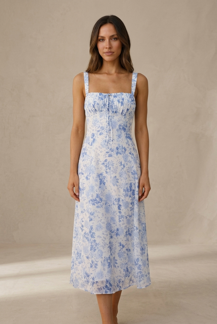MÁRIA™ | Floral | Elegáns virágmintás kék ruha